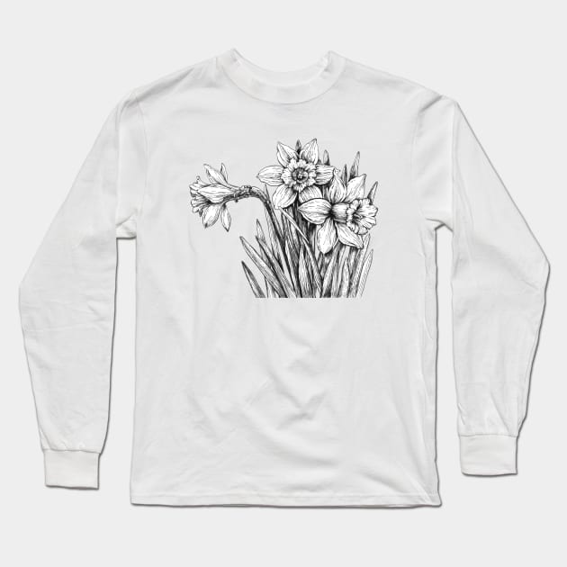 Daffodils ink drawing Long Sleeve T-Shirt by katerinamk